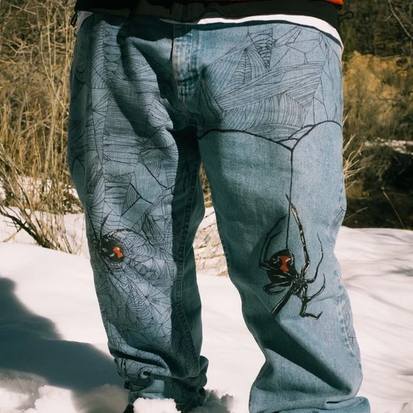 Custom Baggy Vintage Wrangler Jeans (Spider Design) 42x30